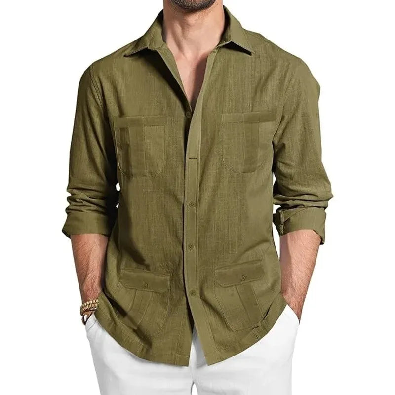 Men's Cuban Guayabera Long Sleeve Shirt Linen Casual Button up Beach Top Comfortable Breathable Summer Fashion Clothing