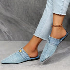 Women Slippers New Pointed Toe Denim Flat Bottom Half Slippers Women Fashion Large Size Sandals Slides Women Zapatos De Mujer