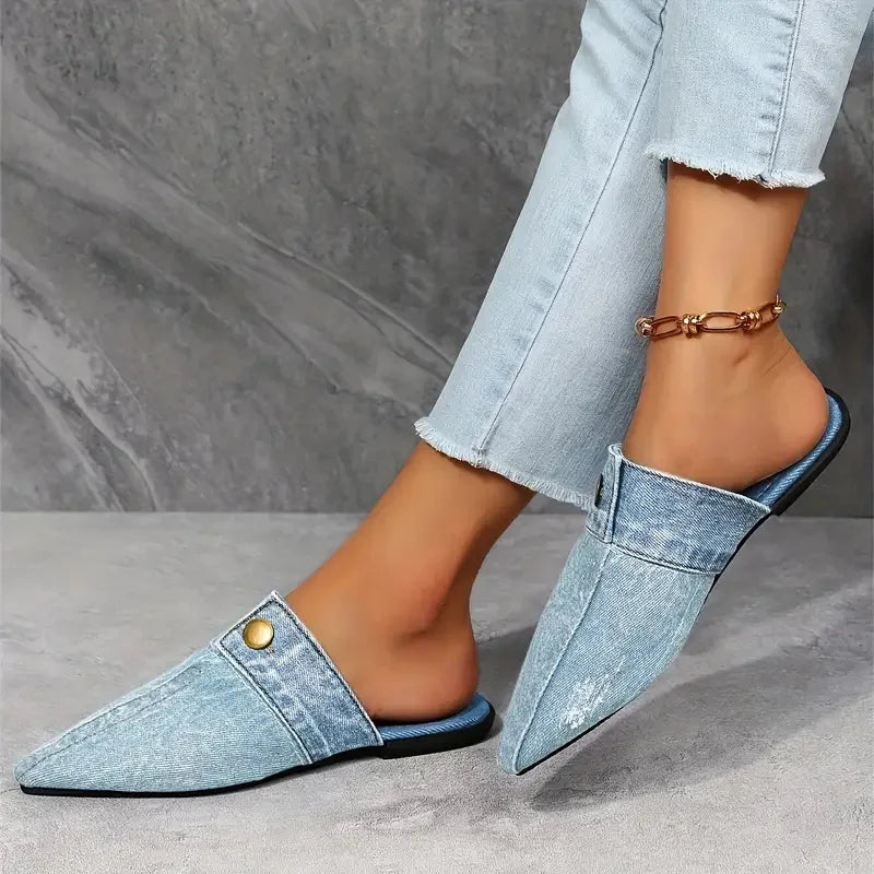 Women Slippers New Pointed Toe Denim Flat Bottom Half Slippers Women Fashion Large Size Sandals Slides Women Zapatos De Mujer