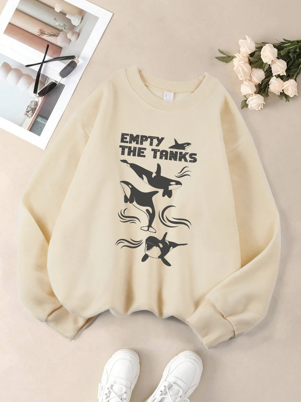 Empty The Tanks Dolphin Printed Sweatshirts Womens Winter Fleece Warm Hoodies Crewneck Loose Pullovers Basics Sporty Clothes