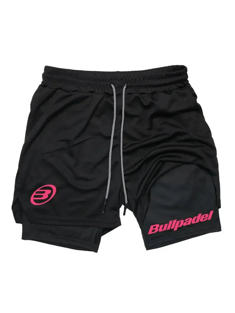 Men's tight fitting sports shorts, BULLPADEL printed sports pants, double-layer, quick drying, basketball, beach, muscle, fitnes