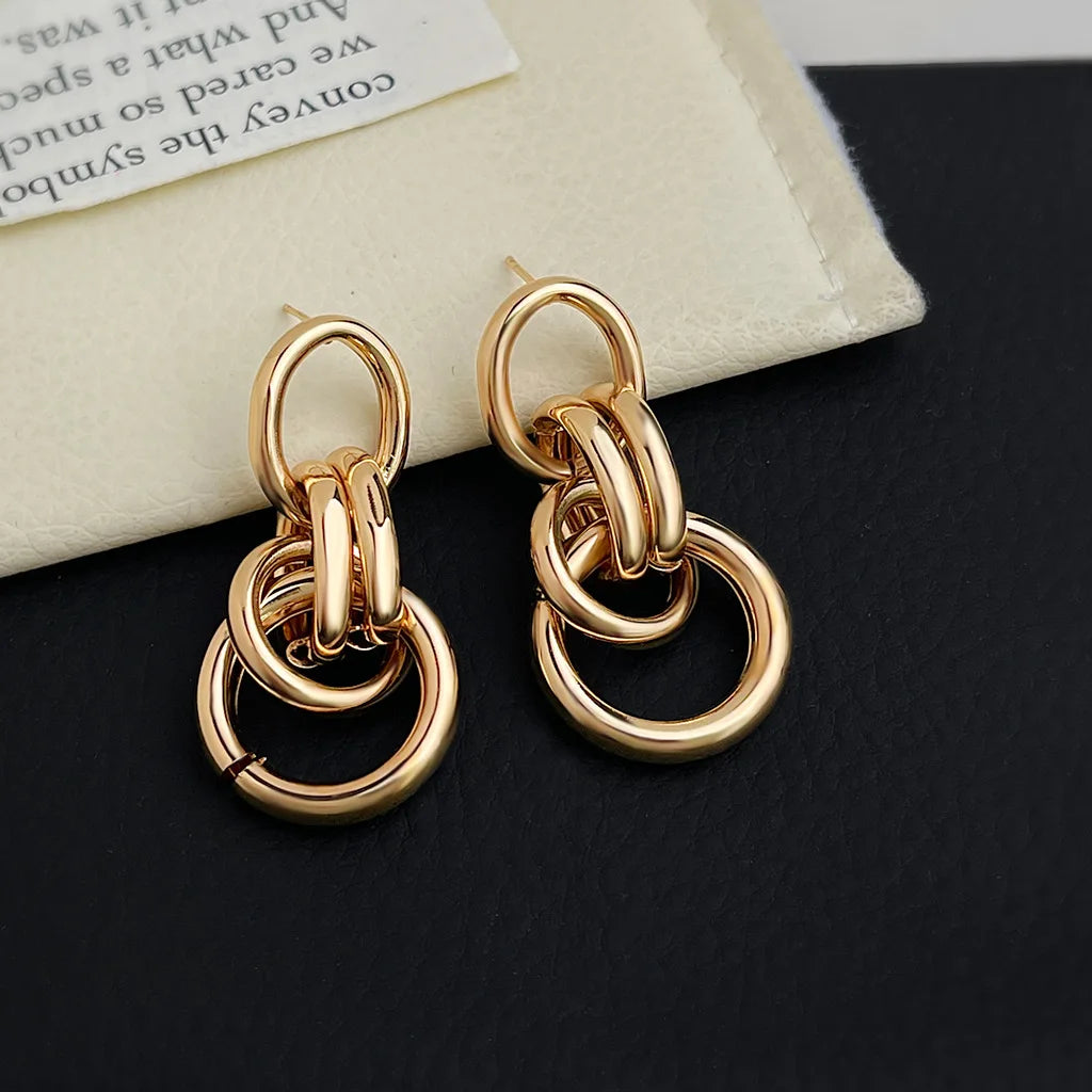 Gold Color Circle Linked Drop Earrings for Women Classic Round Metal Pendant Statement Earring Girl Party Jewelry