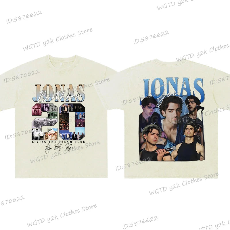 Vintage Jonas Bros 20th Annivesary Tour 2025 Print T-Shirt Short Sleeve Washed Tee Summer Women Men Shirt Casual Cotton Clothing