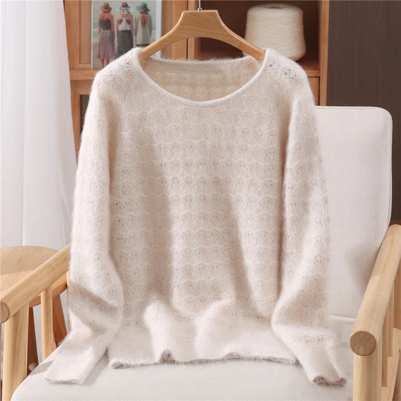 Chic Hollow Out O-Neck Women's Clothing Autumn Winter 100% Mink Cashmere Knitwear Female Autumn Winter Basic Pullover Sweater