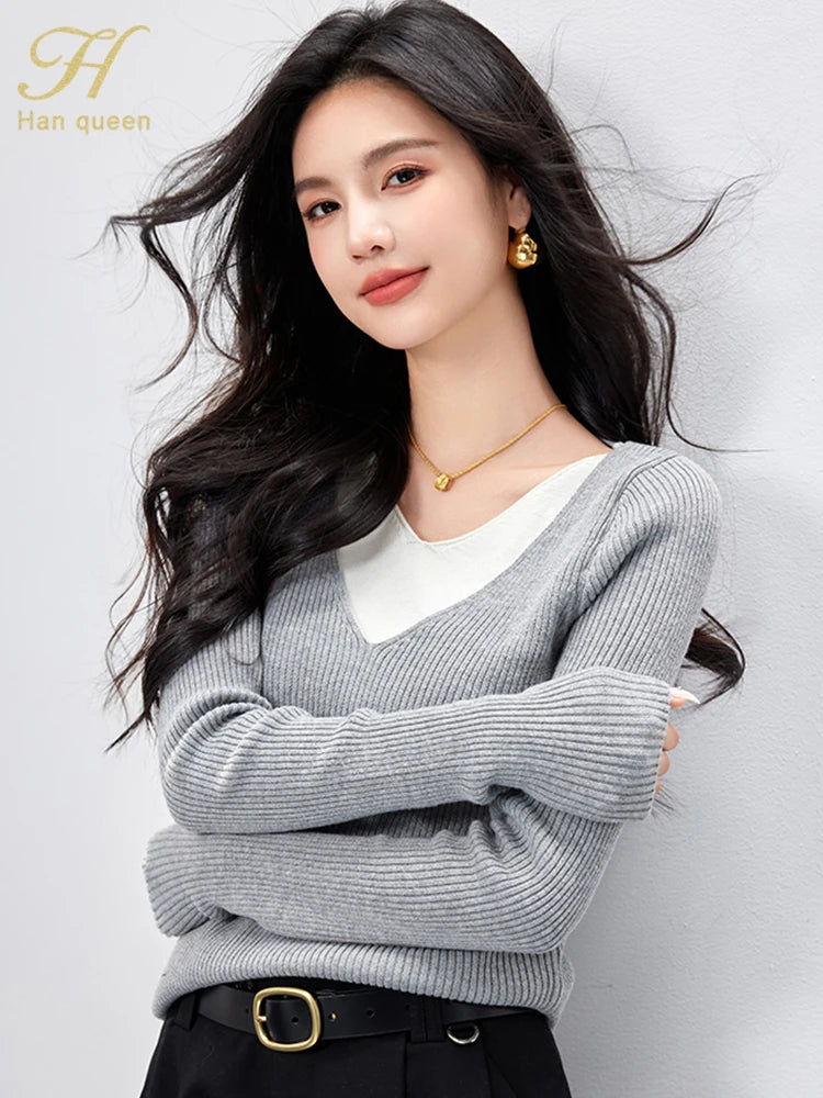 H Han Queen Autumn Winner Pullovers Sweaters Color Blocking Women Vintage Casual Tops Long Sleeve Knitwear Sweater
