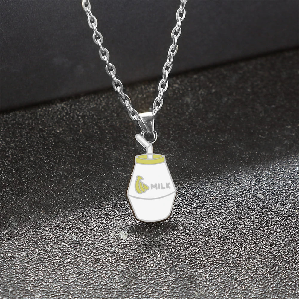Cartoon Banana Milk Bottle Pendant Necklace with Lobster Clasp Protect Gold Silver Color Alloy Chain Jewelry Gift for Girl Women