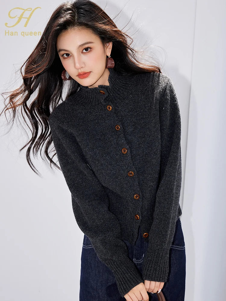 H Han Queen Winter Cardigan Sweater Thickened Warm Lazy Wind Soft Sticky Women's Fashion O-Neck Elastic Vintage Sweaters Tops