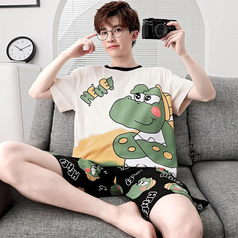 Men's Summer Pajamas Loungewear Set Round Neck Short Sleeve Thin Teen Men New Cartoon Casual Student Pajamas Loungewear Set