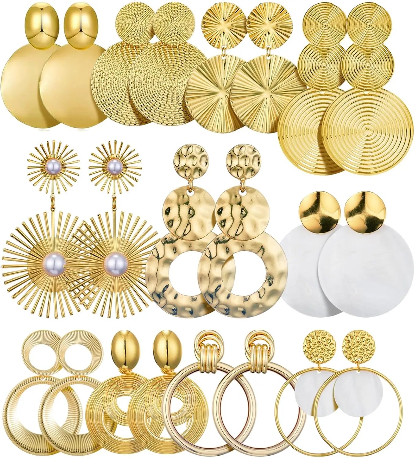 11 Pairs Boho Big Disc Drop Earrings 14K Gold Dangle Earring Round Hammered Statement Earrings For Women Drop Summer Earring