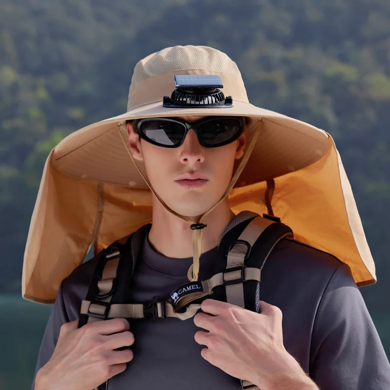 Summer Solar Fan Sun Hat For Men Women Shawl Neck Protection Fisherman Hat Outdoor Fishing Travel Visor Large Brim Bucket Hat