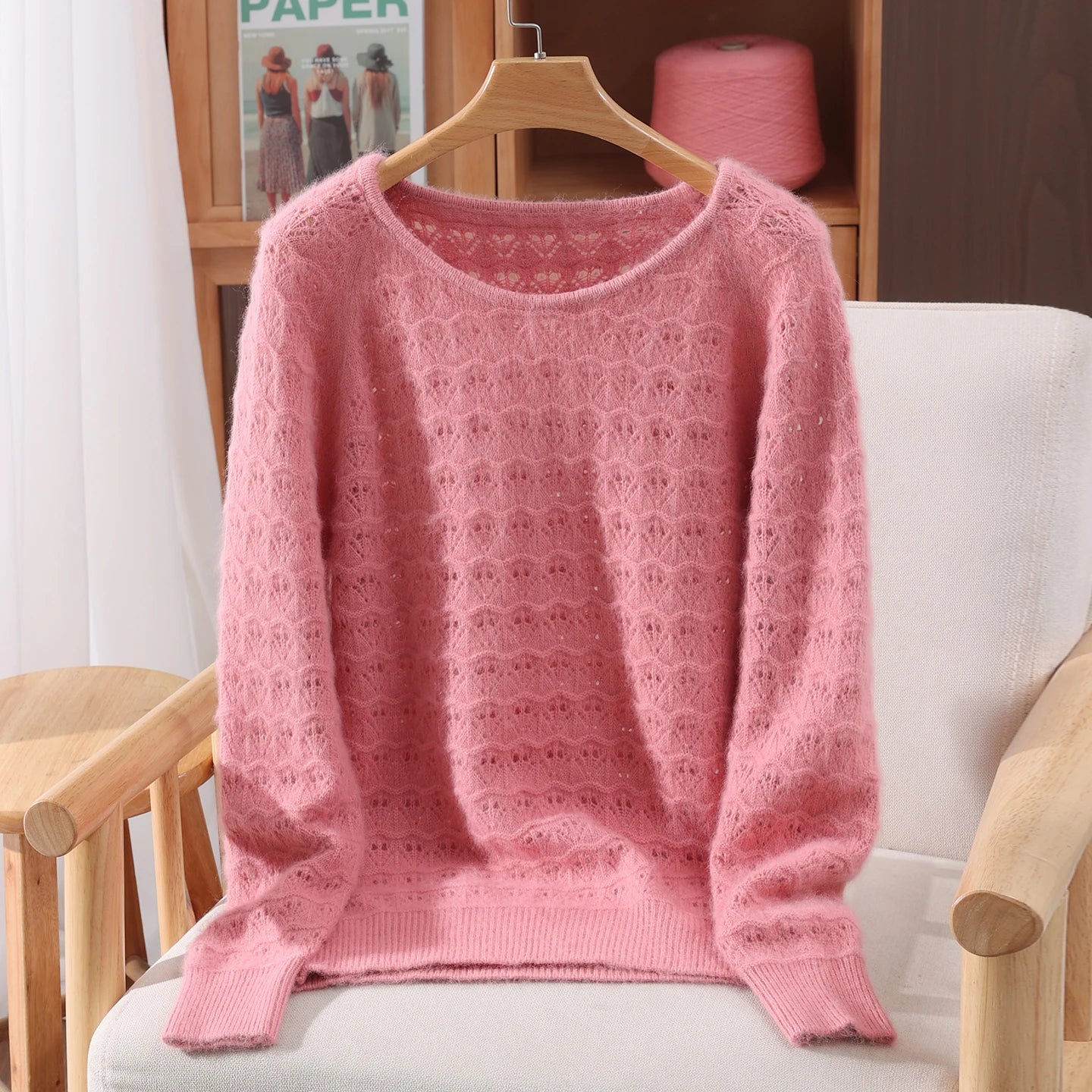 Chic Hollow Out O-Neck Women's Clothing Autumn Winter 100% Mink Cashmere Knitwear Female Autumn Winter Basic Pullover Sweater