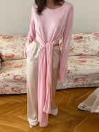 Chic Bow Lace Up Solid Sweater For Women Ribbons O-neck Full Flare Sleeve Tops 2025 Autumn Elegant Female Daily Casual Outerwear