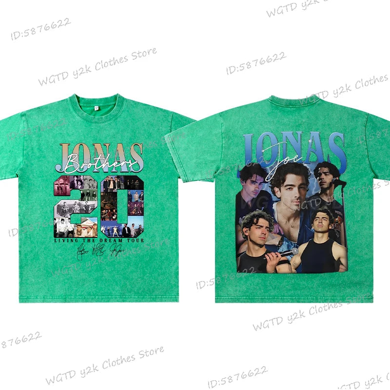 Vintage Jonas Bros 20th Annivesary Tour 2025 Print T-Shirt Short Sleeve Washed Tee Summer Women Men Shirt Casual Cotton Clothing