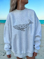Simple Sketch Whale Printing Sweatshirts Womens Fleece Warm Casual Hoodies Crewneck Loose Pullover Winter Comfortable Clothes