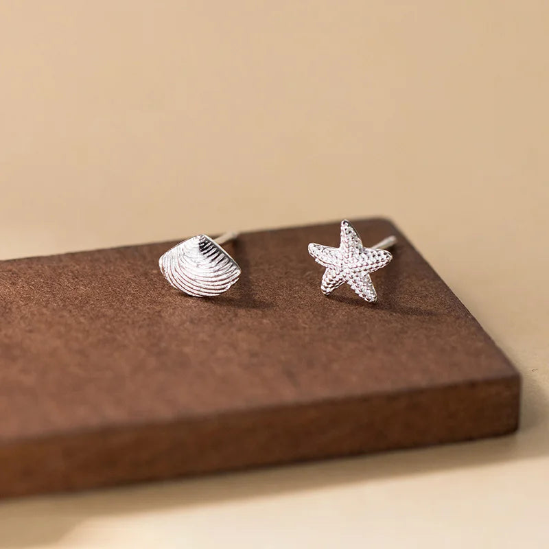 INZATT Real 925 Sterling Silver Asymmetric Starfish Shells Mini Stud Earrings for Women Classic Fine Jewelry Animal Accessory