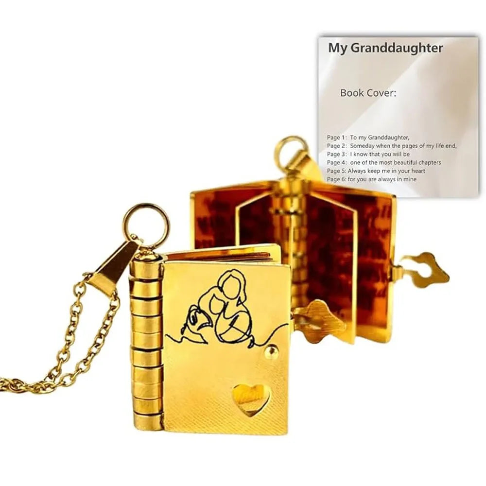 Openable Daughter Book Necklace Stainless Steel Gold Color Message Mini Book Pendant Necklace with Pages of Engraved Information
