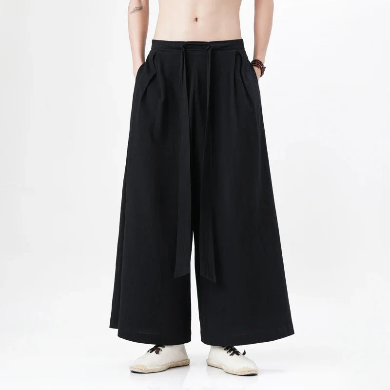 Chinese Style Linen Cotton Retro Pants Man Summer Kimono  Solid Color Traditional Pants Male Streetwear Casual Wide-Leg Trousers