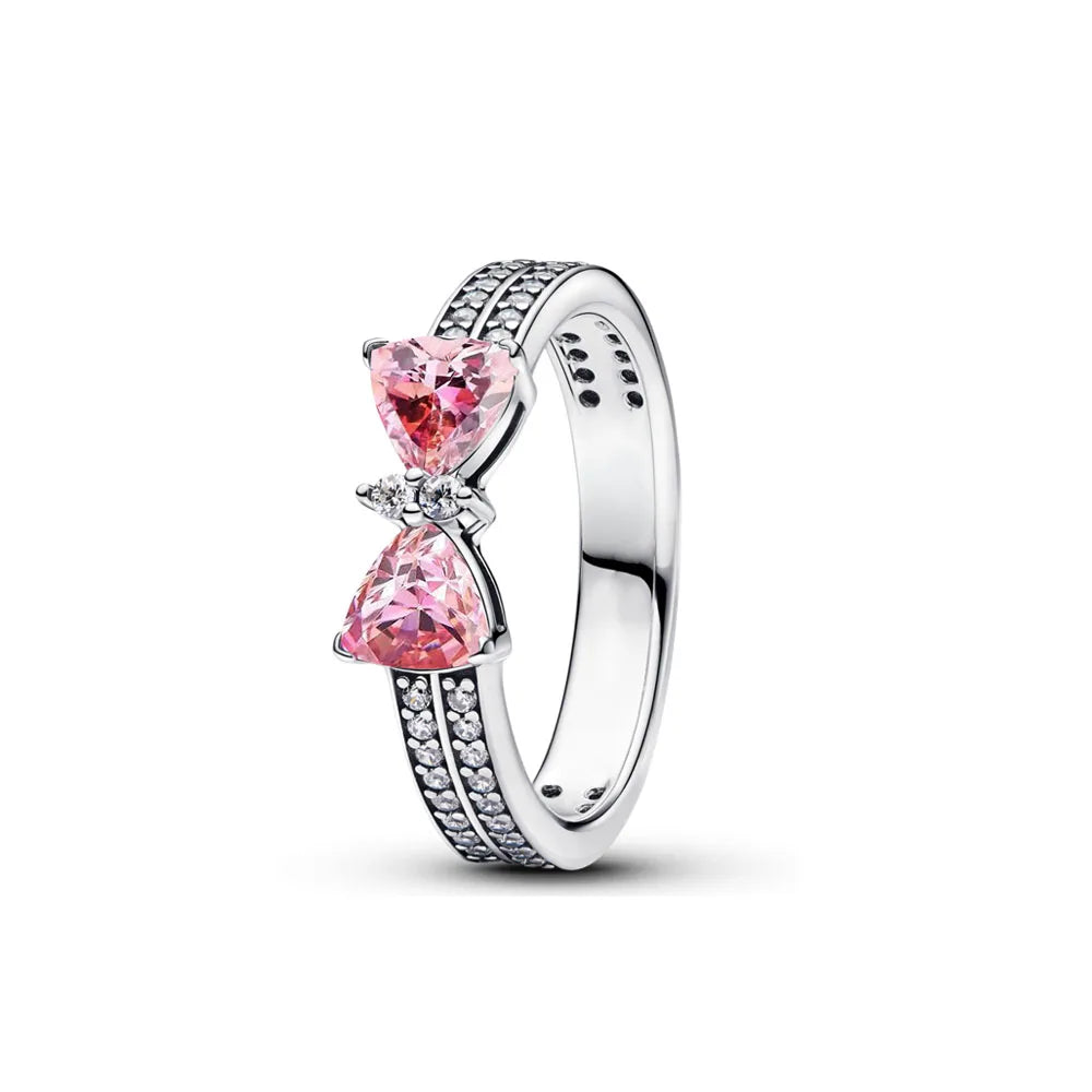 Valentine's Day Gift Red White Heart Stone 925 Sterling Silver Bow Elegance Ring For Women Jewelry Rings For Wedding Party