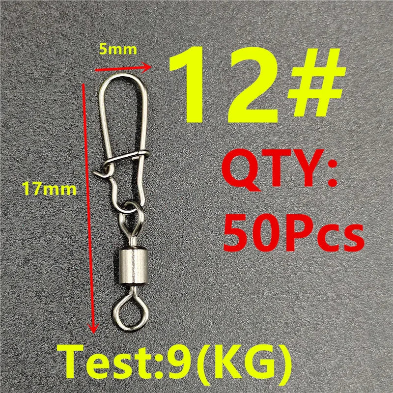 50pcs/lot Fishing Connector  2# 4# 6# 8# 10# Pin Bearing Rolling Swivel Stainless Steel With Snap Fishhook Lure Tackle