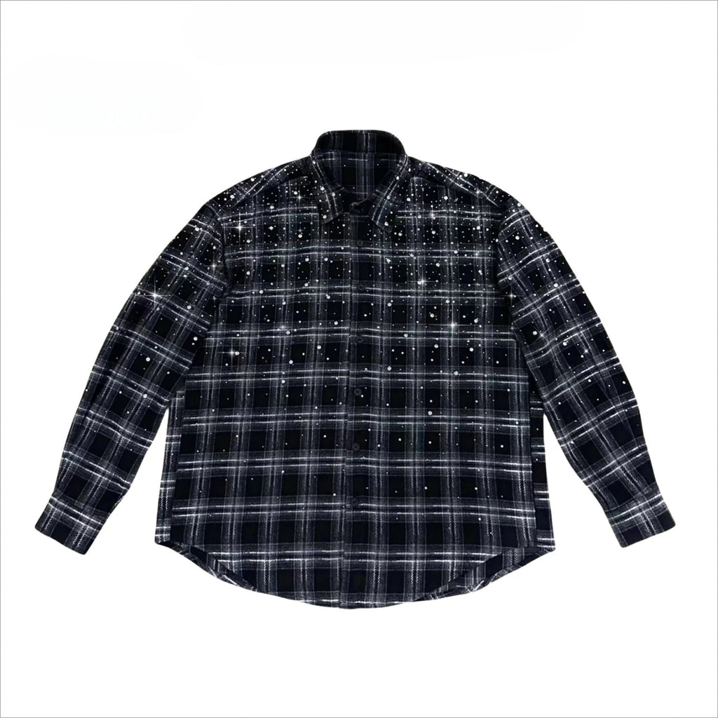 Male Original 2024 Autumn New Hot Diamond Beads Diamond Plaid Men's Women's Long-sleeve Shirts Trendy Light Luxury Shirts Jacket