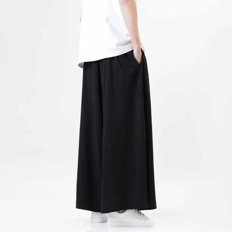 Chinese Style Linen Cotton Retro Pants Man Summer Kimono  Solid Color Traditional Pants Male Streetwear Casual Wide-Leg Trousers