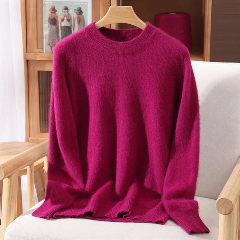 Women's 100% Mink Cashmere Sweater Crewneck Pullover Sweater Fleece Knitted Premium Clothing Winter Warm Long Sleeve Pullover