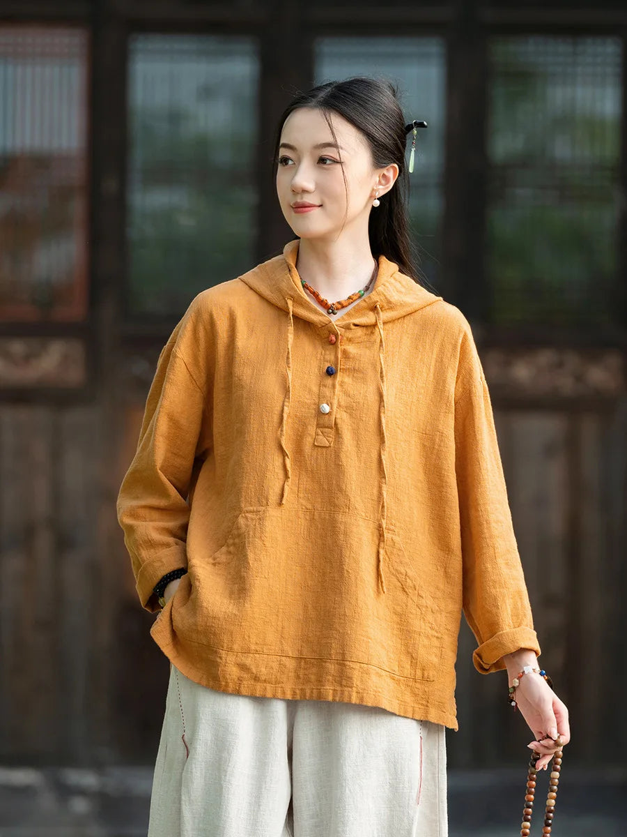 Women Cotton Linen Casual Hoodies New Arrival 2025 Autumn Vintage Style Plain Color Female Long Sleeve Hooded Pullovers M1838