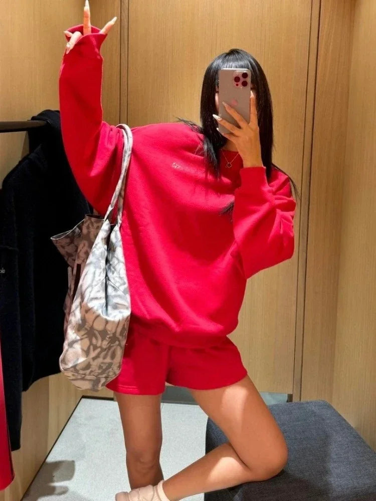 Women's Sweatshirts O Neck Solid Black Red Classic Letter Loose Casual Sports Pullovers Fashion Long Sleeve Hoodies for Women