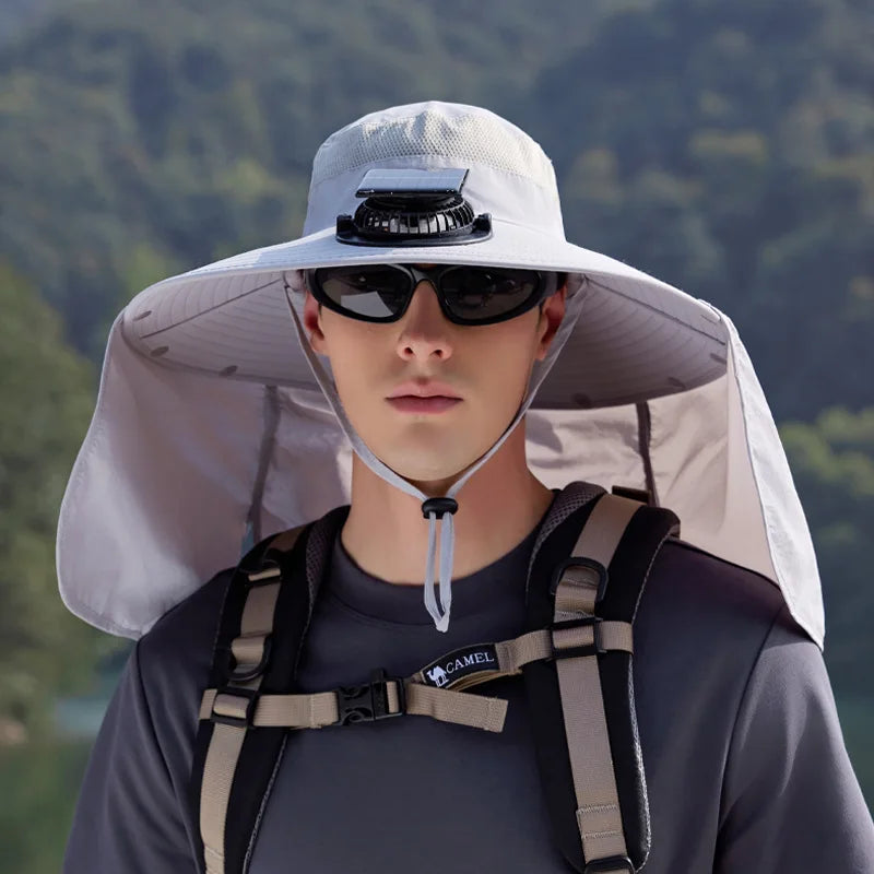Summer Solar Fan Sun Hat For Men Women Shawl Neck Protection Fisherman Hat Outdoor Fishing Travel Visor Large Brim Bucket Hat