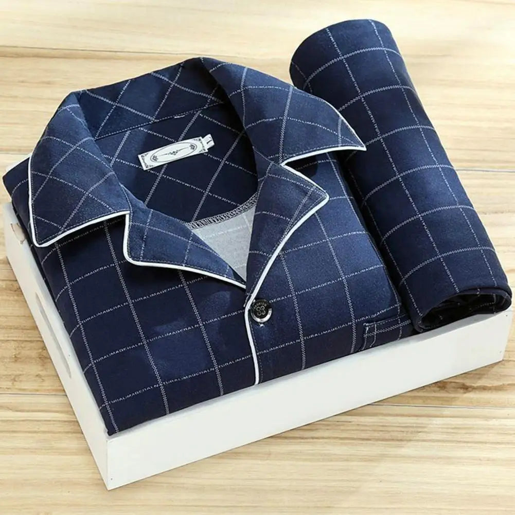 Comfy Milk Silk Loungewear Stylish Men's Fall Winter Pajama Set Striped Plaid Print Color Matching Lapel Single-breasted Long