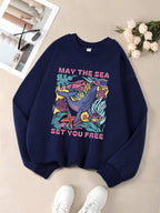 May The Sea Set You Free Printed Sweatshirts Womens Winter Fleece Warm Hoodies Crewneck Loose Pullover Basics Sporty Clothes