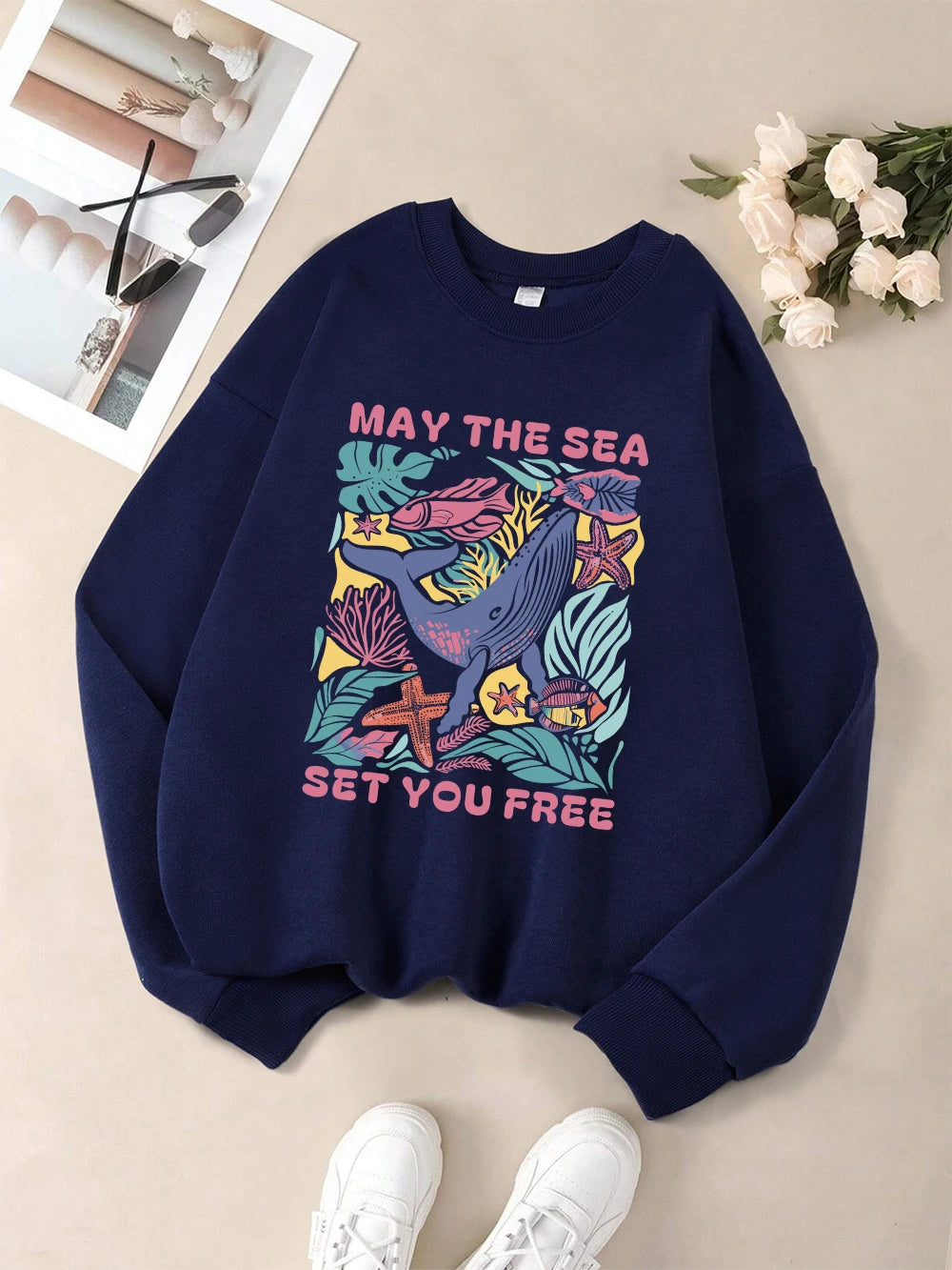 May The Sea Set You Free Printed Sweatshirts Womens Winter Fleece Warm Hoodies Crewneck Loose Pullover Basics Sporty Clothes