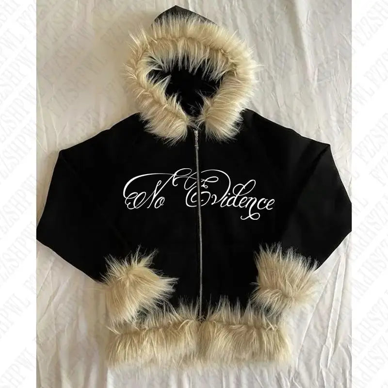 Y2k Gothic Punk Hip Hop Letter Print Faux Fur Collar Zip Up Hoodie Harajuku Aesthetic 2000s Hoodies Clothes Streetwear EMO Girl