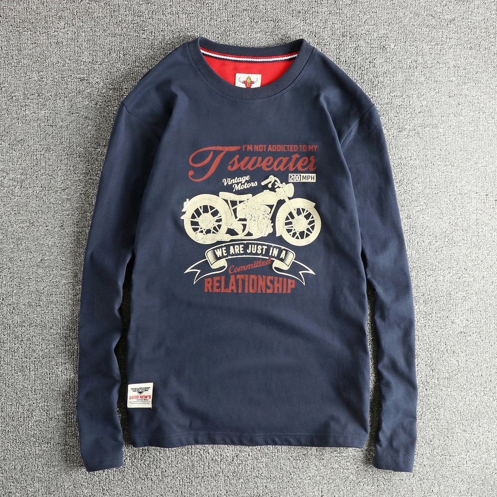 Autumn New American Retro Long-sleeved O-neck Trendy Printed Inner Cloth T-shirt Men's Fashion 100% Cotton Washed Casual Tops
