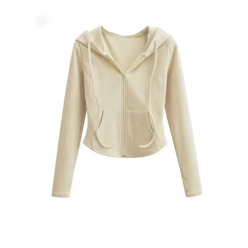 Spicy Girl Style Hooded Cardigan Sweatshirt Women's Spring Autumn Slimming Long Sleeve Cropped Top Trendy Waist-fitted