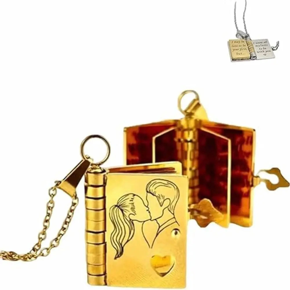 Openable Daughter Book Necklace Stainless Steel Gold Color Message Mini Book Pendant Necklace with Pages of Engraved Information