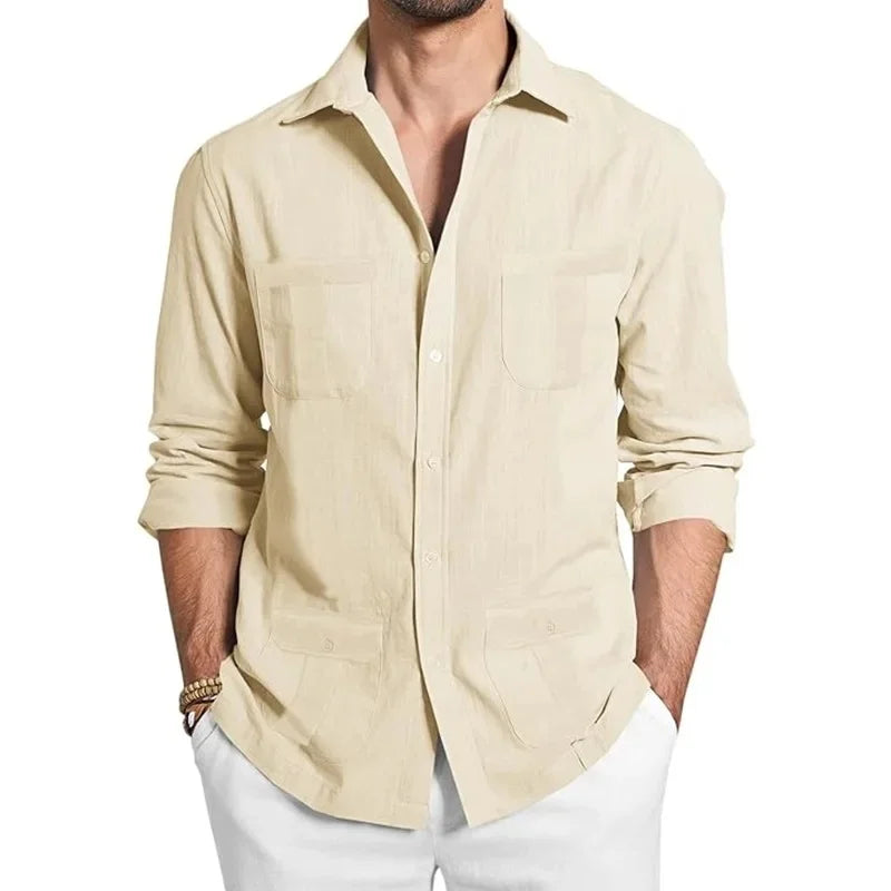 Men's Cuban Guayabera Long Sleeve Shirt Linen Casual Button up Beach Top Comfortable Breathable Summer Fashion Clothing