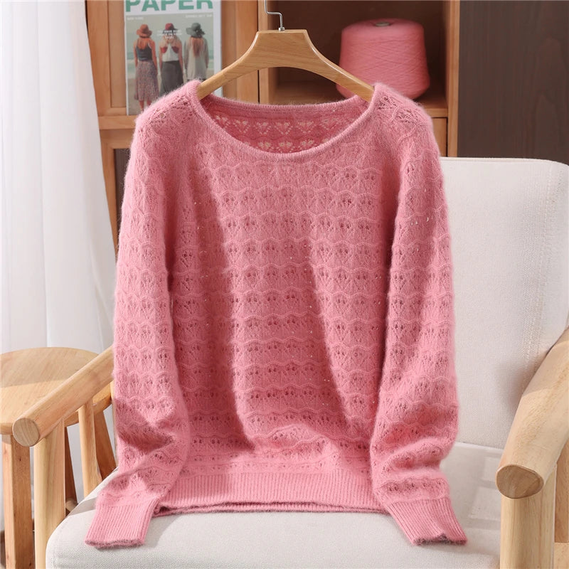 Chic Hollow Out O-Neck Women's Clothing Autumn Winter 100% Mink Cashmere Knitwear Female Autumn Winter Basic Pullover Sweater