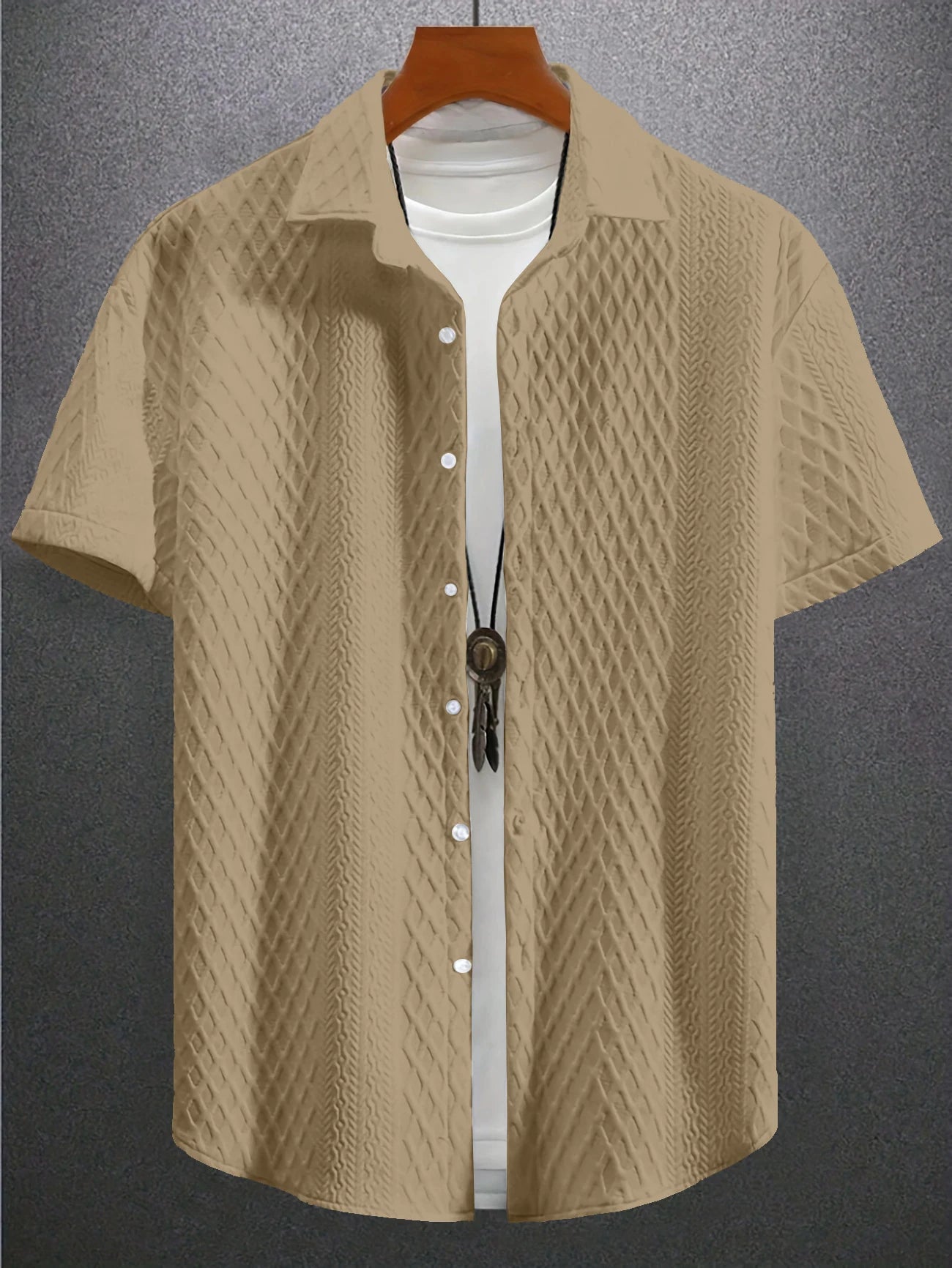 Summer casual short-sleeved men's shirt Casual Street wear jacquard lapel button down solid color men's vintage shirt S-2XL