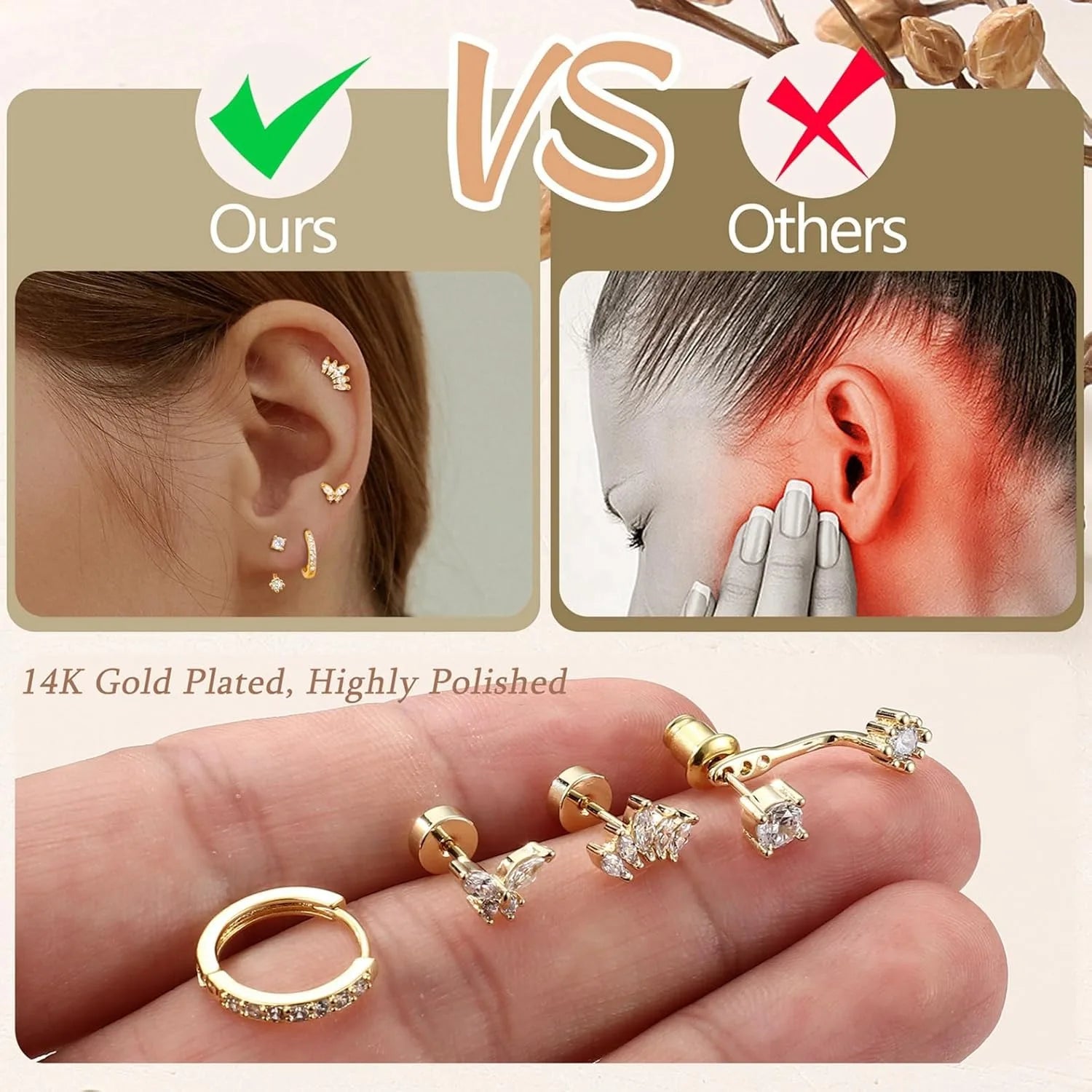 Florideco 4Pairs Dainty Earrings for Women Stud Hoops Surgical Steel Flat Back Studs Stacks Cartilage Set for Multiple Piercings