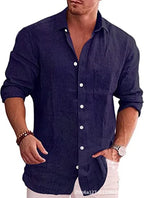 Casual Men Blouse Shirts Slim Turn Down Collar Long Sleeve Button Pocket Flax Business Tops NMD-6653