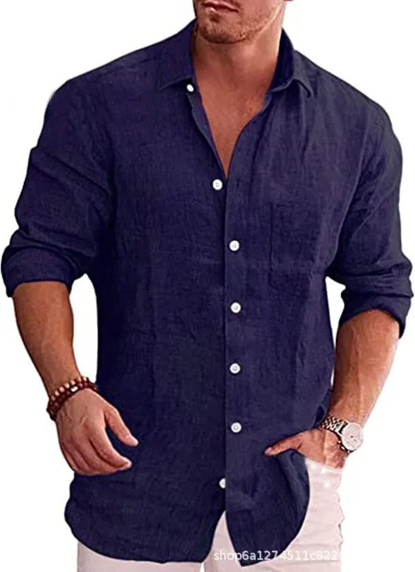 Casual Men Blouse Shirts Slim Turn Down Collar Long Sleeve Button Pocket Flax Business Tops NMD-6653