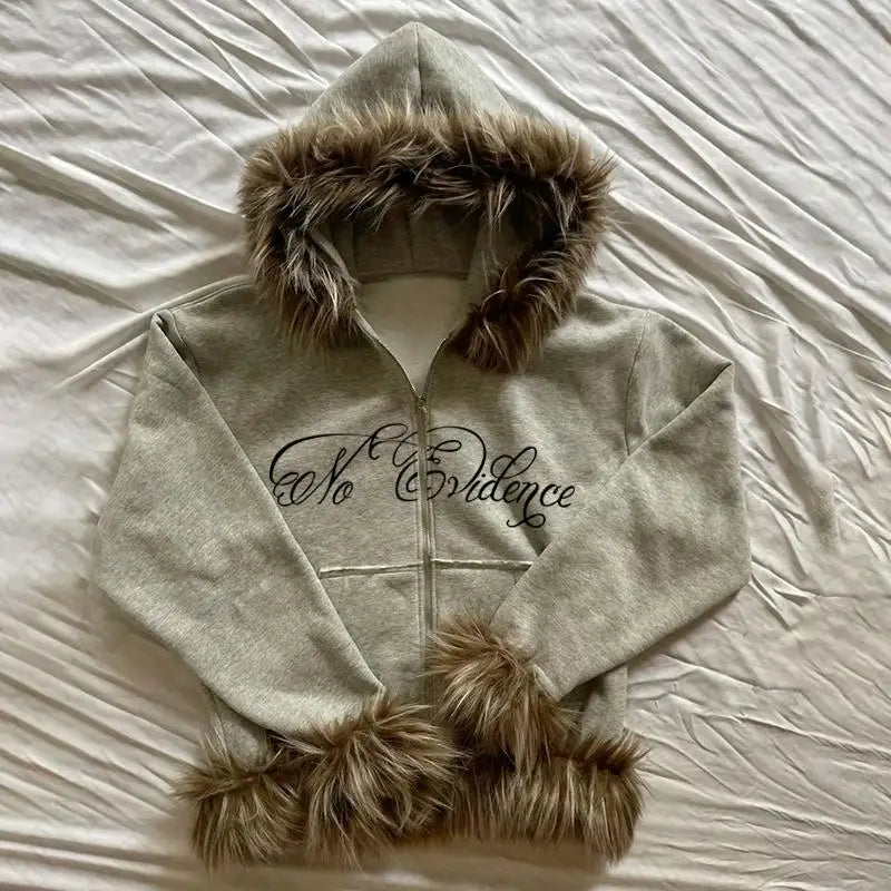 Y2k Gothic Punk Hip Hop Letter Print Faux Fur Collar Zip Up Hoodie Harajuku Aesthetic 2000s Hoodies Clothes Streetwear EMO Girl