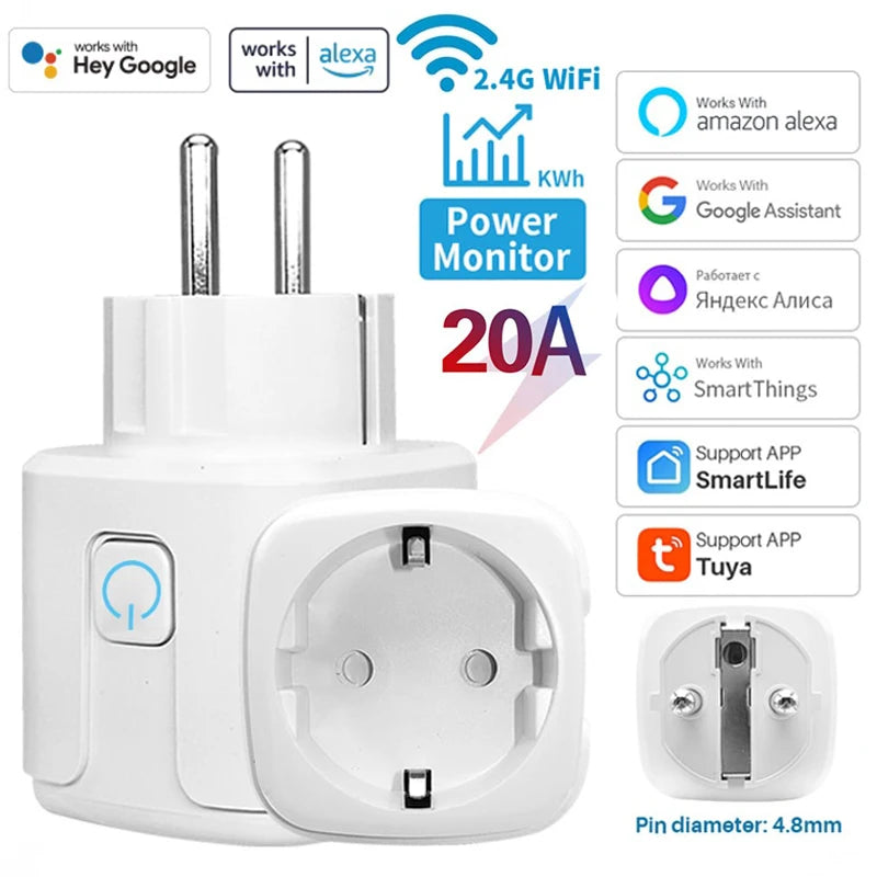 TUYA Smart Plug WiFi Socket EU 20A Power Monitor Timing Function Voice Control Work With Alexa Google Home Smart Life
