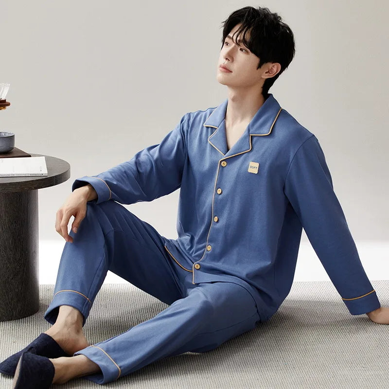 Pajamas Suit Men Pure Cotton Long-sleeved Striped Printed Cardigan Sleepwear Winter Soft Breathable Homewear Men Loungewear Set
