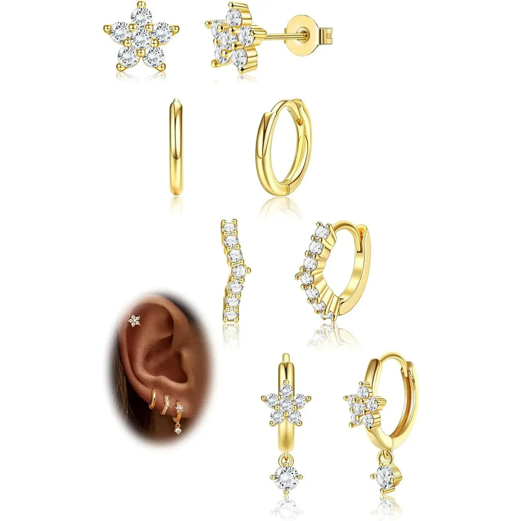 Florideco Hoop Earrings Set for Women Gold Plated Dangle Hoop Stud Earrings Stacks Pack Dainty Dangle Hoop Huggie Stud Cartilage