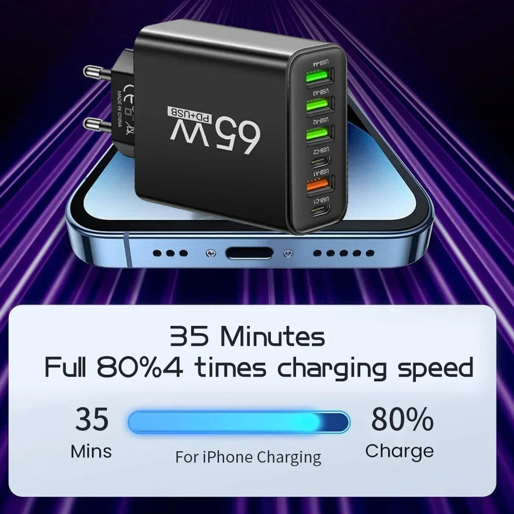 6 Ports 65W USB PD Charger Fast Charging Type C Phone Charger Adapter For iPhone Samsung Xiaomi USB C Quick Charge Wall Charger