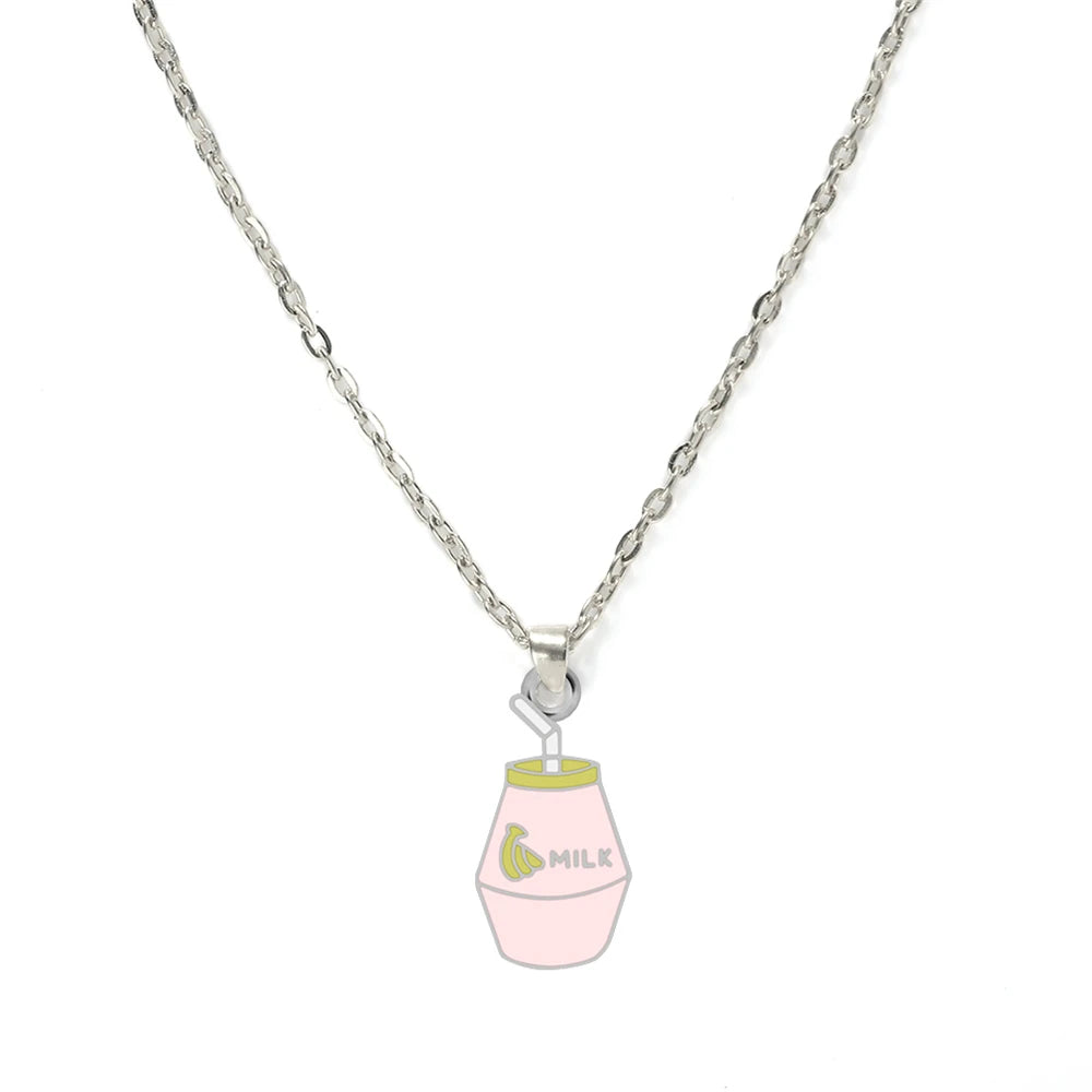 Cartoon Banana Milk Bottle Pendant Necklace with Lobster Clasp Protect Gold Silver Color Alloy Chain Jewelry Gift for Girl Women