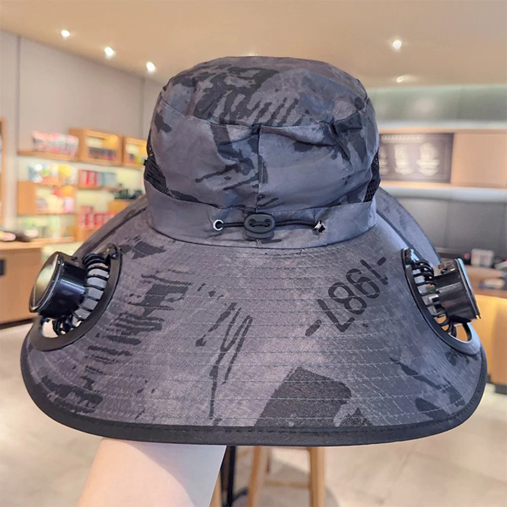 Solar Fan Hat Summer Camouflage Sun Bucket Hat for Men Women Outdoor Mountaineering Sunshade Fisherman Hat with Dual Cooling Fan