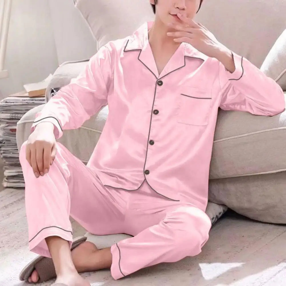 1 Set Men Sleepwear Solid Color Long Sleeved Single Breasted Home Wear Ice Silk Loose Plus Size Pajamas Set For Home